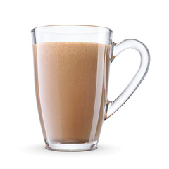 Chocolate milk drink or milkshake in glass mug isolated with clipping path. Transparent PNG image.
