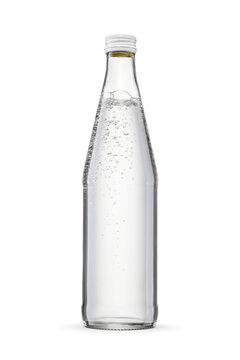 Pure water in the transparent glass bottle with aluminum screw cap isolated. Transparent PNG image.