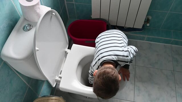  Toddler boy shows how he washes the toilet with a cleaning sponge.
