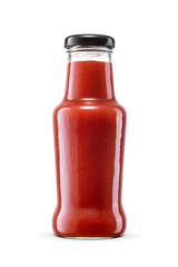 Glass bottle of red tomato ketchup with twist off screw cap isolated with clipping path. Transparent PNG image.