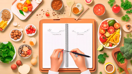 Healthy meal planning with daily food ingredients list tiny person concept. Weekly eating schedule with plan for slimming, detox and wellness vector illustration. Generative AI