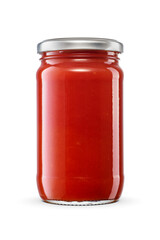 Glass jar of red tomato sauce with twist off screw lid isolated with clipping path. Transparent PNG image.