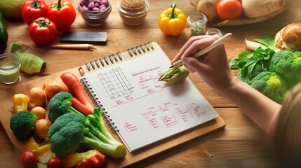 Healthy meal planning with daily food ingredients list tiny person concept. Weekly eating schedule with plan for slimming, detox and wellness vector illustration. Generative AI