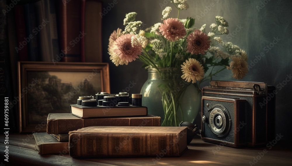 Poster antique bookshelf with old fashioned books and vase on rustic table generated by ai