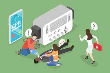 3D Isometric Flat Vector Conceptual Illustration of Defibrillator, Cardiopulmonary Resuscitation Cpr Emergency Procedure