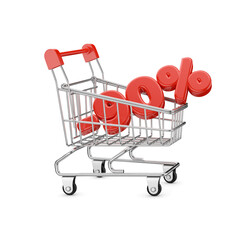 Tiny red colored shopping cart and ninety percent discount text isolated. 3D rendering. Transparent PNG image.