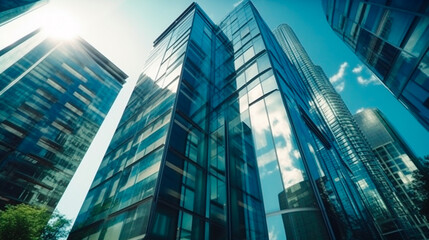 Fototapeta na wymiar Low angle image of typical contemporary office towers, tall structures with glass facades. financial and economic foundation concepts. Generative AI