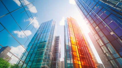 Low angle image of typical contemporary office towers, tall structures with glass facades. financial and economic foundation concepts. Generative AI