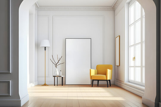 Vintage Minimalism: Empty Frame and Yellow Chair in Bright Fashion Interior. Generative AI