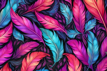 A hot pink, purple and teal repeating pattern of feathers, watercolor elements, black background. AI generative