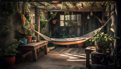 Obraz premium Rustic cottage with comfortable hammock hanging in tranquil domestic room generated by AI