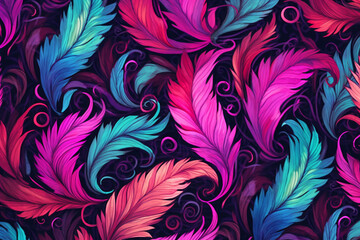 A hot pink, purple and teal repeating pattern of feathers, watercolor elements, black background. AI generative