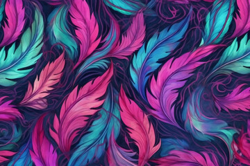A hot pink, purple and teal repeating pattern of feathers, watercolor elements, black background. AI generative