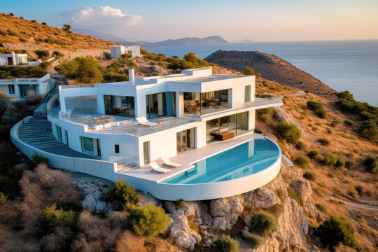 Aerial photo of a contemporary villa with arches, white rough plaster, large glass windows, concrete, outdoor area