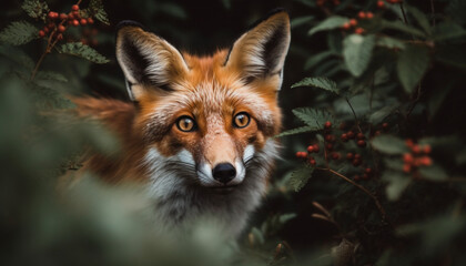 Obraz premium Red fox, cute canine, looking at camera in natural beauty generated by AI
