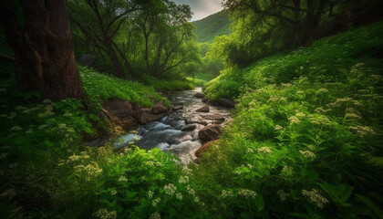 Tranquil scene of a mountain range with flowing water and footpath generated by AI