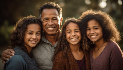 Obraz premium A happy, cheerful family bonding outdoors, looking at camera generated by AI