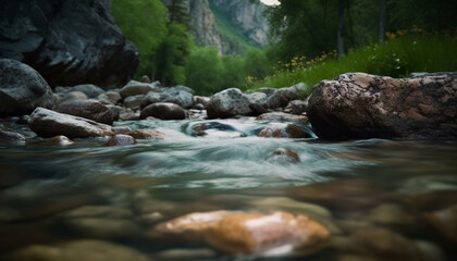 Naklejka na ściany i meble Tranquil scene of flowing water in the wilderness, surrounded by green generated by AI