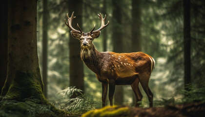 Horned stag stands in tranquil autumn forest, looking at camera generated by AI
