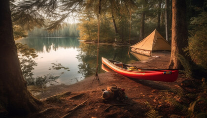 Adventure in tranquil wilderness canoeing, hiking, camping, exploring nature generated by AI