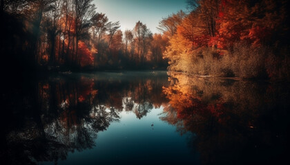 Tranquil autumn forest reflects vibrant colors in the pond reflection generated by AI
