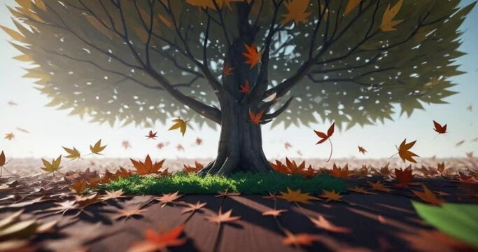 big tree background with fallen leaves