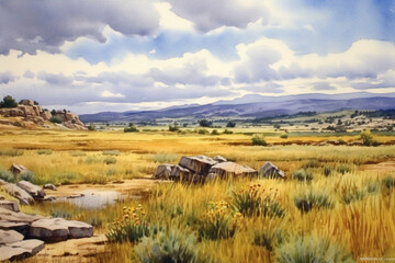 A watercolor landscape painting, blue sky, clouds, light and airy, wilderness. AI generative