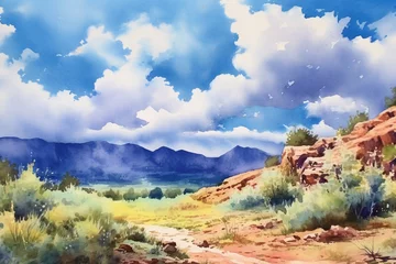 Foto op Canvas A watercolor landscape painting, blue sky, clouds, light and airy, wilderness. AI generative © SANGHYUN