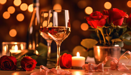 Valentine's day background, celebration with roses and champagne, happy valentine's day, love. Generative IA.