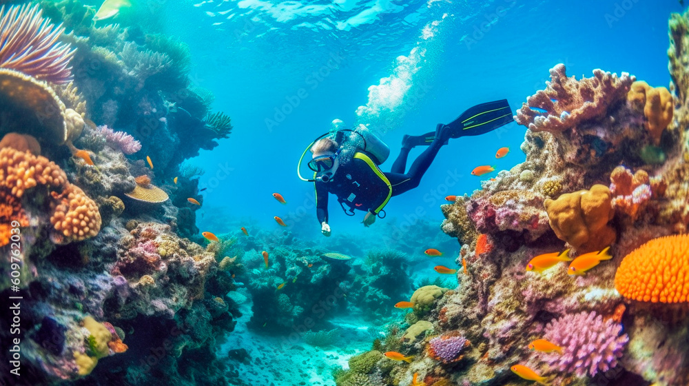 Wall mural scuba diving in tropical ocean coral reef sea under water, scuba diver, diver, swim, caribbean, fiji - Wall murals