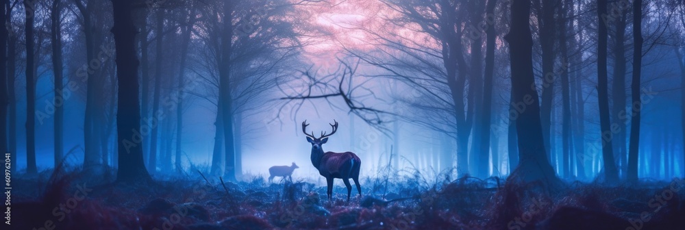 Poster a deer standing in the middle of a forest. generative ai image.
