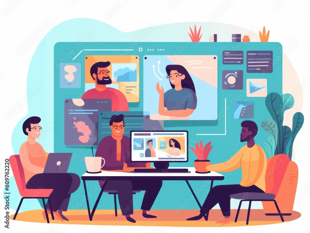 Poster a group of people sitting around a table with laptops. generative ai image.