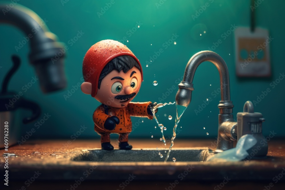 Poster a little boy that is standing in front of a faucet. generative ai image.