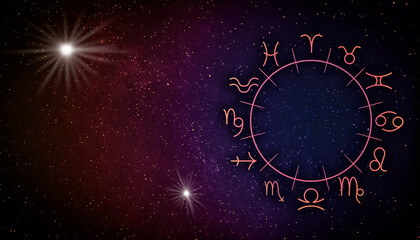 Zodiac wheel with twelve signs on starry sky background, space for text. Horoscopic astrology