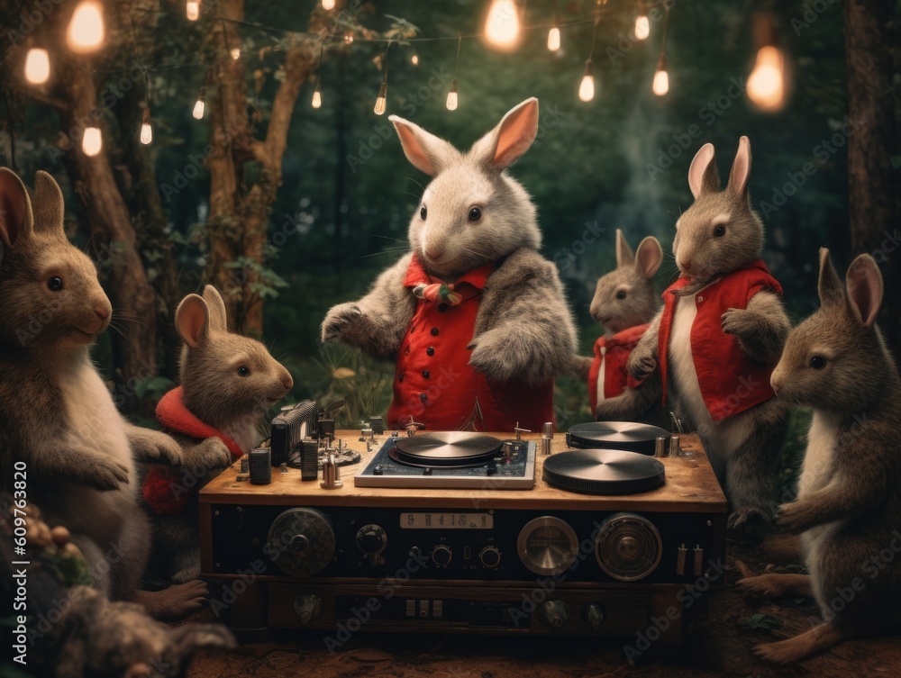 Aufkleber a group of rabbits standing around a turntable. generative ai image.
