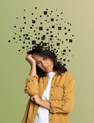 Thoughtful woman with flying pixels from her head symbolizing amnesia on olive background