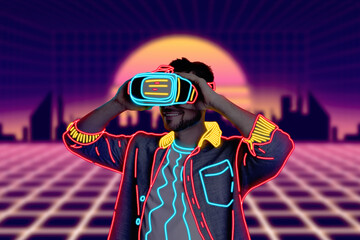 Metaverse. Man in bright cyber space during simulated experience using virtual reality headset,...