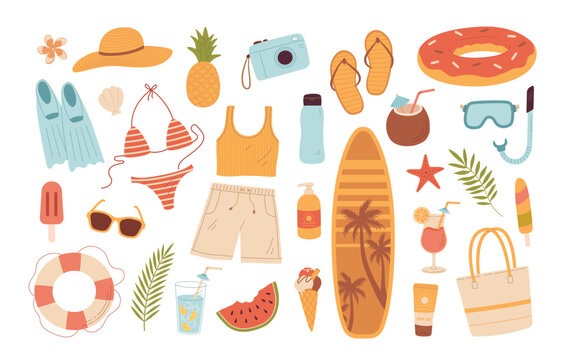 Cartoon Summer Beach Stuff Vector Illustration. Summertime Items. Vacation Accessory For Sea Holidays. Surfboard, Snorkeling Mask, Slippers, Ice Cream, Fruits, Sunglasses, Cocktails, Swimsuit, Hat