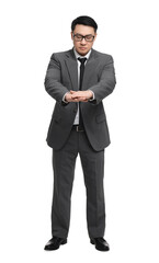 Businessman in suit posing on white background