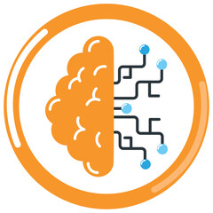 vector icon of half brain and half electrode lines chemistry laboratory with orange border and white background