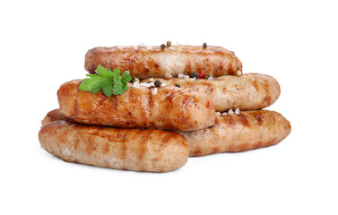 Tasty grilled sausages with spices and parsley isolated on white