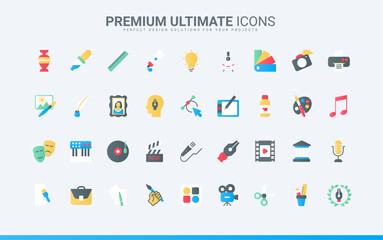 Fototapeta premium Trendy flat color icons set for art design creative process. Collection of abstract artwork pictogram with music, theater, and cinema movie media projects, portfolio symbols vector illustration