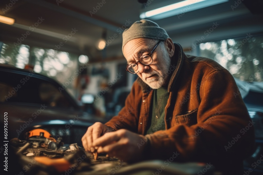 Poster a man working on a car in a garage. generative ai image.