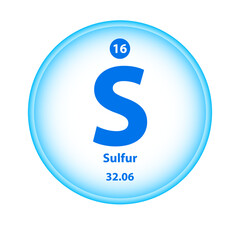 Structure Chemical element Sulphur (S) symbol. Science atom table atomic icon. Simple circle blue, white guardian vector illustration 3D. Atomic number for Lab science or chemistry class.