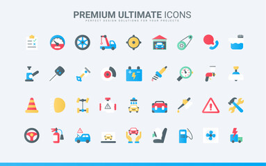Trendy flat color icons set vector illustration, care and maintenance technology for car including computer diagnostics, charge battery of electric vehicle, and check air pressure in tyres.