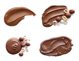 Yummy chocolate paste and hazelnuts on white background, top view. Collage design