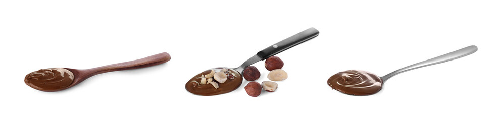 Yummy chocolate paste in spoons and hazelnuts on white background, collage design