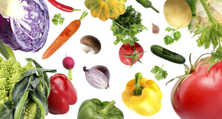 Many fresh vegetables, mushroom and parsley falling on white background