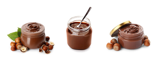 Yummy chocolate paste in jars and hazelnuts on white background, collage design