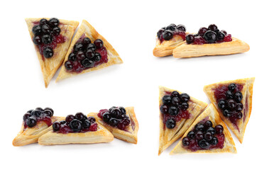 Collage of tasty puff pastry with berry jam on white background, top and side views